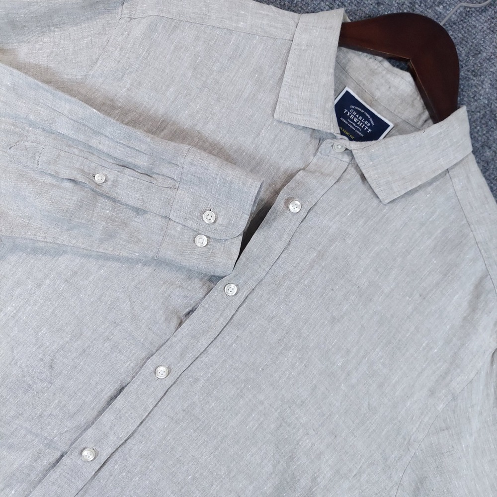 Charles Tyrwhitt Button Down Shirt Mens Large Grey 100% Linen Classic Fit